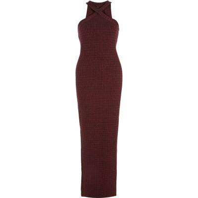 Red ribbed cross neck maxi dress